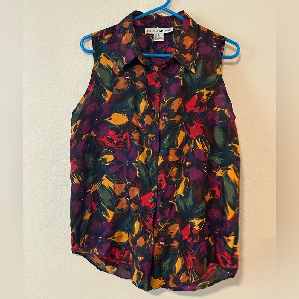 Vintage Jonathan Martin 100% Silk Floral Button Down Sleeveless Shirt - M